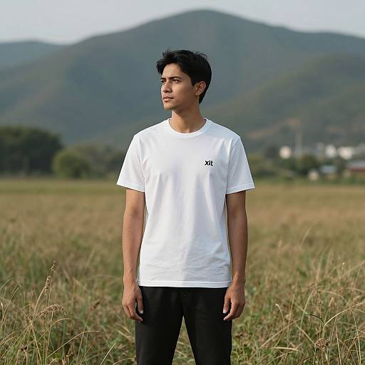 Photograph of a young Asian man with short black hair, wearing a white t-shirt and black pants, standing in a grassy field with mountains in