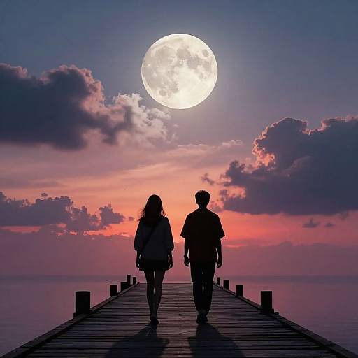 Silhouetted Figures on Moonlit Pier