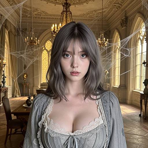 Photorealistic CGI of a young woman with pale skin, dark shoulder-length hair, and large breasts, wearing a lace-trimmed grey dress,