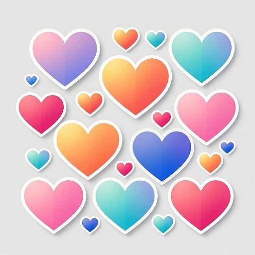 Digital illustration of colorful, glossy hearts in shades of pink, red, orange, blue, and purple, varying in size, against a white background.