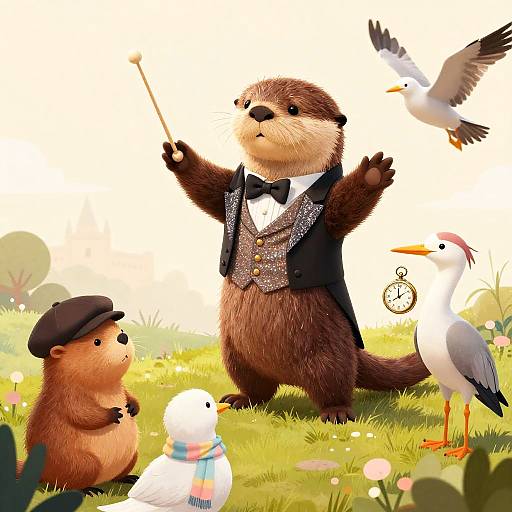 Otter Conductor with Animal Friends in Whimsical Outdoor Scene