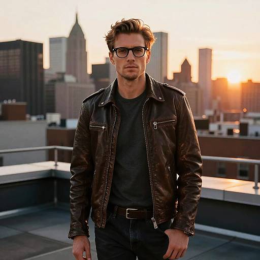 Man in Leather Jacket on Rooftop at Sunset