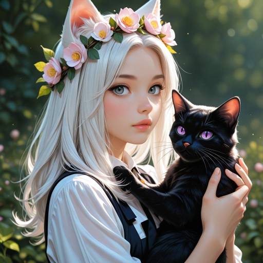 Cat-Eared Girl with Black Cat Portrait Cat-Eared Girl with Black Cat Portrait