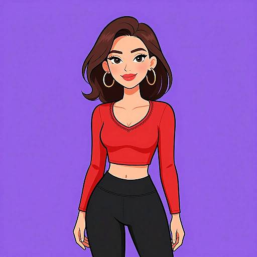 Digital illustration of a smiling, light-skinned woman with brown hair, wearing a red crop top, black pants, and large hoop earrings, against a