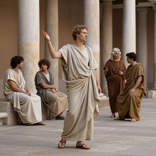 Photograph of a curly-haired man in a beige toga, gesturing with his right hand, standing among ancient columned courtyard with seated and standing