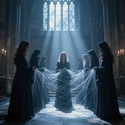 Photograph of seven women in dark robes weaving spider webs in a dimly lit, gothic cathedral with sunlight streaming through arched windows. Candle holders