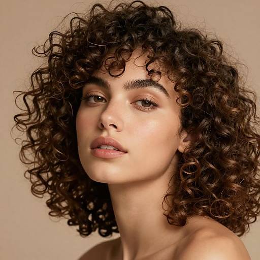 Photograph of a young woman with curly dark brown hair, light brown skin, and almond-shaped brown eyes, set against a neutral beige background. She
