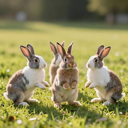 Photograph of three fluffy, brown-and-white rabbits standing on green grass, with sunlight highlighting their soft fur and alert ears.