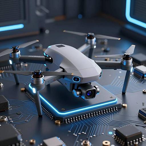 Futuristic Drone on High-Tech Circuit Board