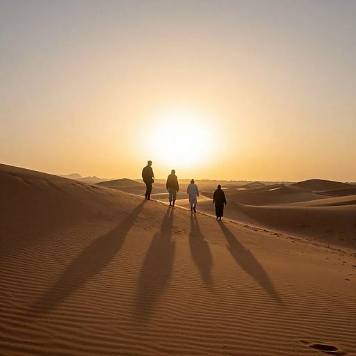 Photograph of four silhouetted people walking in a desert at sunset, casting long shadows on rippled sand dunes.