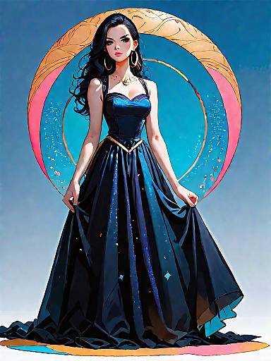 Woman in Elegant Black Dress with Gold Hoop Earrings