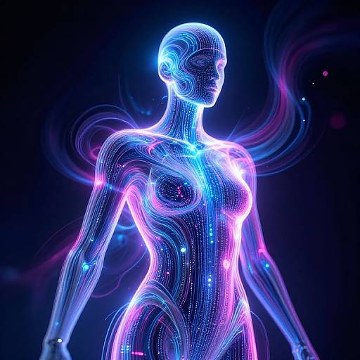 Neon blue and pink digital wireframe silhouette of a nude, gender-ambiguous humanoid figure with glowing lines and swirling patterns against a dark background.