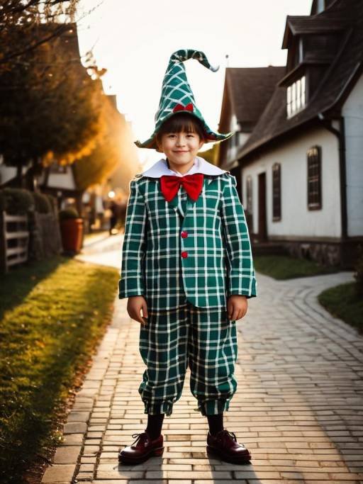Child in Plaid Munchkin Costume Outdoors
