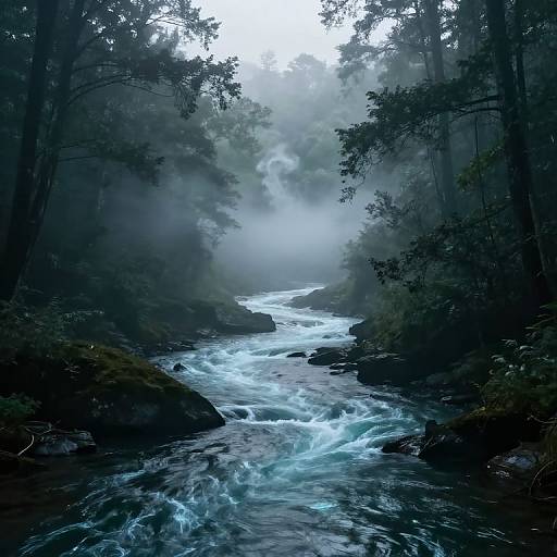Ethereal Misty River in Forest Valley