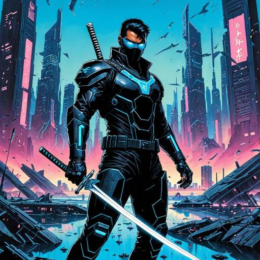 Cyber-Ninja in Futuristic Cityscape