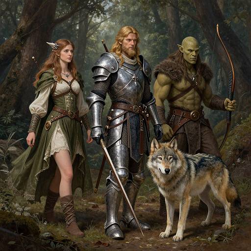 Photorealistic fantasy artwork of a blonde bearded knight, green-skinned orc, and brown-haired elf with a wolf in a forest.