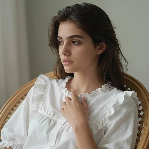 Young Woman in White Ruffled Blouse Sitting in Wicker Chair