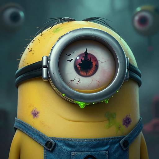 CGI image of a horror-themed Minion with a cracked, bloodshot eye in a circular metal frame, green slime dripping, yellow skin, and