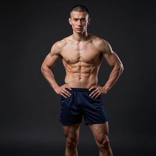 Fit Man with Six-Pack Abs in Blue Shorts