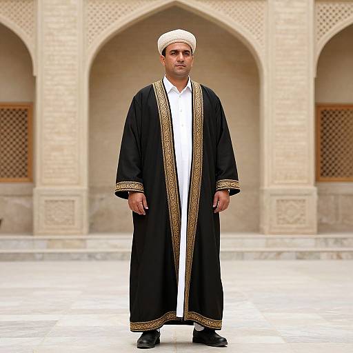Photograph of a Middle Eastern man in a black robe with gold trim, white shirt, and white cap, standing in front of a beige, arch