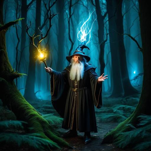 Wizard Casting Spells in Dark Forest