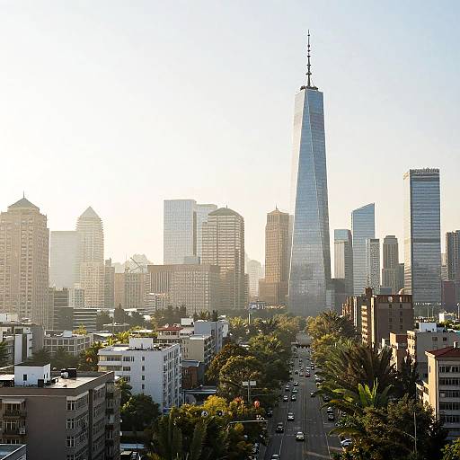 Photograph of New York City skyline at sunset, featuring the towering One World Trade Center with sunlight reflecting off skyscrapers.