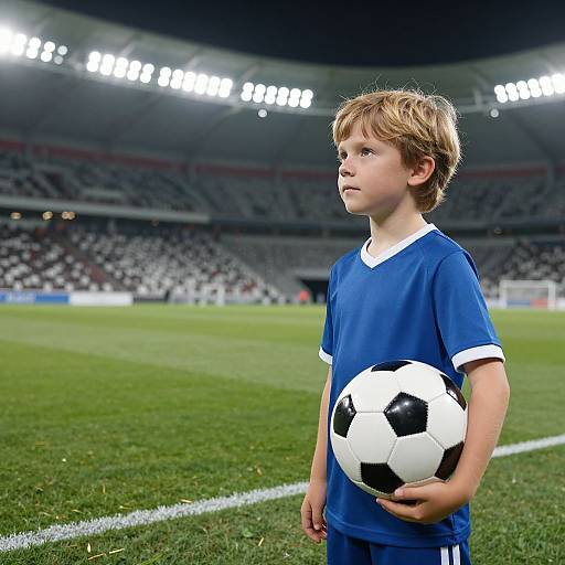 Photograph of a young boy with light brown hair, wearing a blue soccer uniform, holding a black-and-white soccer ball, standing on a brightly lit