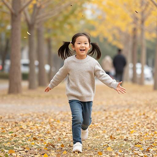 Photograph of a joyful young Asian girl with pigtails, wearing a white sweater and blue jeans, running through an autumn park with yellow leaves and