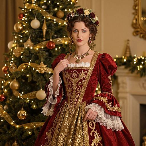 Photograph of a fair-skinned woman with dark curly hair, wearing an elaborate Victorian-style red and gold velvet dress, standing in front of a Christmas