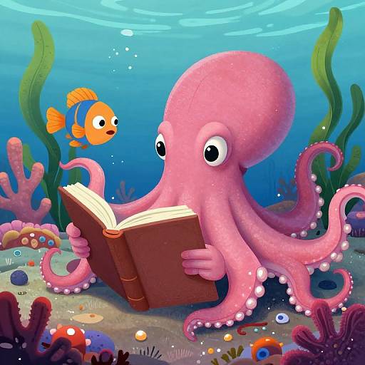 Whimsical Pink Octopus Reading Underwater