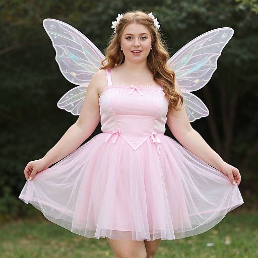 Photograph of a fair-skinned, red-haired woman in a pink, tulle fairy dress with translucent wings, smiling outdoors in a forest.