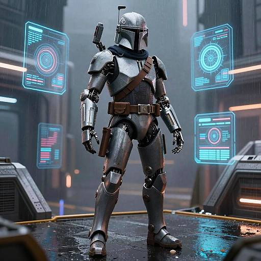 CGI image of a metallic, armored stormtrooper-style robot standing in a rainy, futuristic city street with glowing blue holographic interfaces.