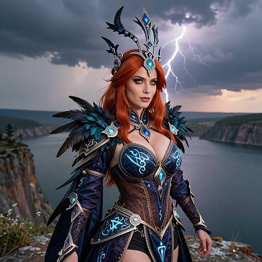 Photograph-style digital artwork of a red-haired, fair-skinned, fantasy warrior woman with glowing blue armor, lightning crown, and dark feathered cloak