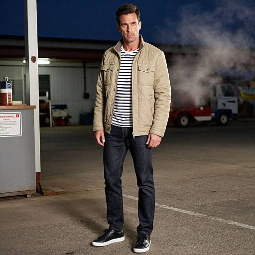 Photograph of a man with short dark hair, light skin, wearing a beige quilted jacket, black jeans, and black sneakers, standing in a