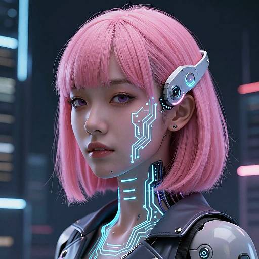 CGI image of a cyberpunk-style woman with pink bob hair, glowing neon circuits on her face and neck, wearing a futuristic black leather jacket,