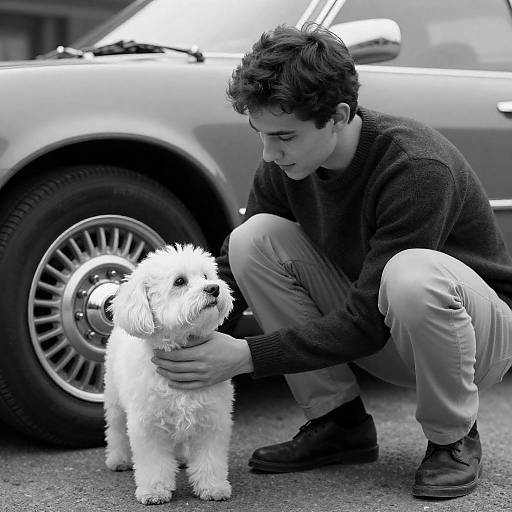 Black-and-White Man Petting Dog by Car