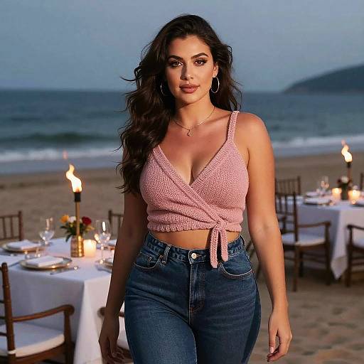 Curvy Woman at Dusk Beach Dinner