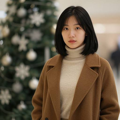 Photograph of an Asian woman with straight black hair, wearing a brown coat and beige turtleneck, standing in front of a blurred Christmas tree with