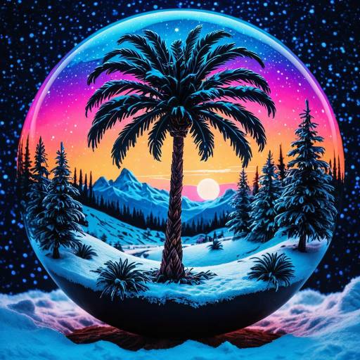 Luminous Palm Tree in Snowy Orb Landscape