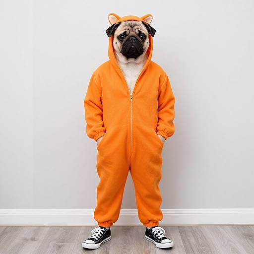 Realistic Photo of Cosplay Pug in Jumpsuit