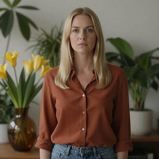 Serious Blonde Woman Among Indoor Plants