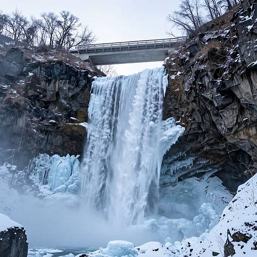 Photograph of a frozen waterfall with a bridge above, surrounded by snow-covered rocks and icicles, under a cloudy sky.