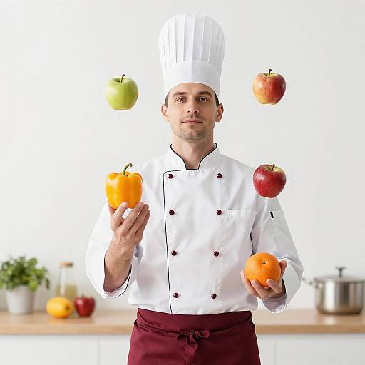 Chef Juggling Colorful Produce in Focus