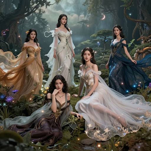 Digital fantasy painting of five ethereal women in elaborate, flowing dresses, standing and sitting in a mystical forest with glowing lights.
