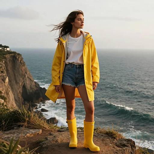 Photograph of a young woman in a yellow raincoat, white shirt, denim shorts, and yellow rain boots, standing on a cliff overlooking a storm