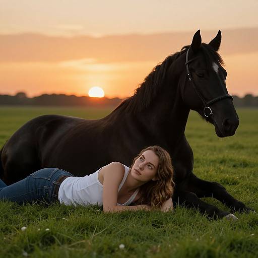 Young Woman with Black Foxtrotter at Sunset