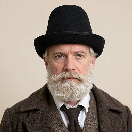 Photograph of a middle-aged white man with a white beard, blue eyes, wearing a black bowler hat, brown tweed jacket, white shirt