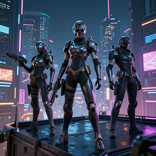 CGI image of three futuristic, armored soldiers with glowing visors standing on a neon-lit city rooftop, holding guns, in a cyberpunk style