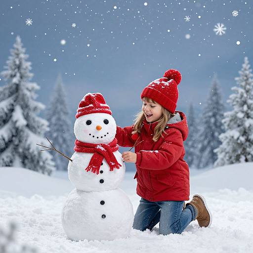 Photograph of a young girl in a red coat and hat, touching a snowman with a red scarf, in a snowy forest.