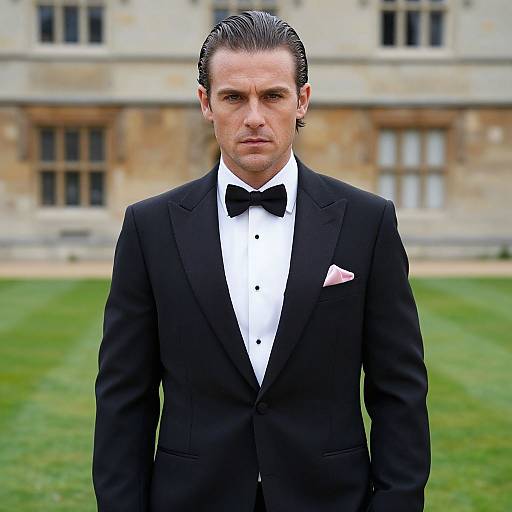 Photograph of a serious, handsome man with slicked-back dark hair, wearing a black tuxedo, white shirt, black bow tie, and